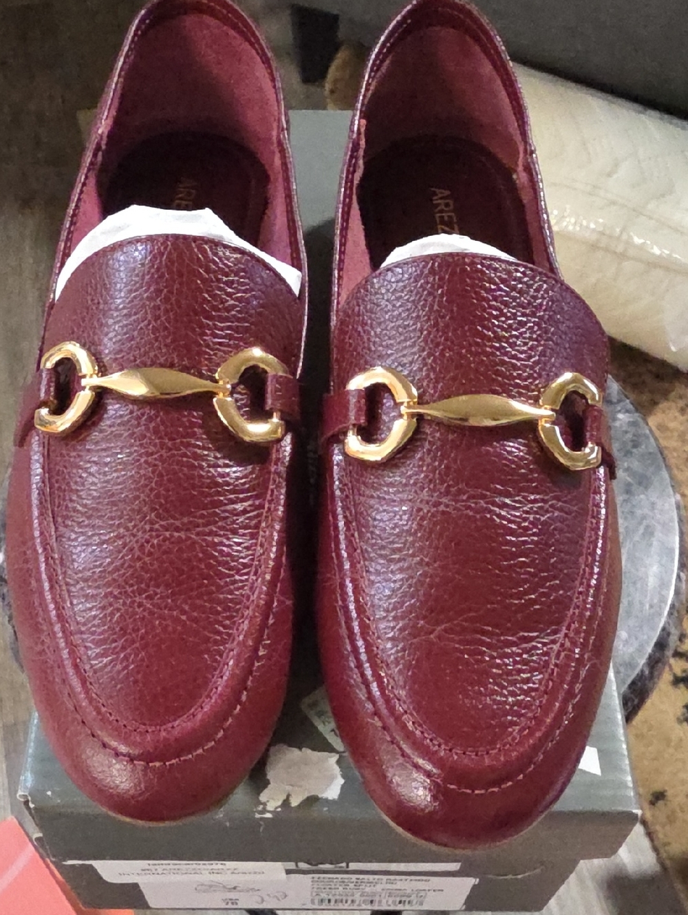 Arezzo Burgundy Leather Slip-On Loafers with Gold Bit.
